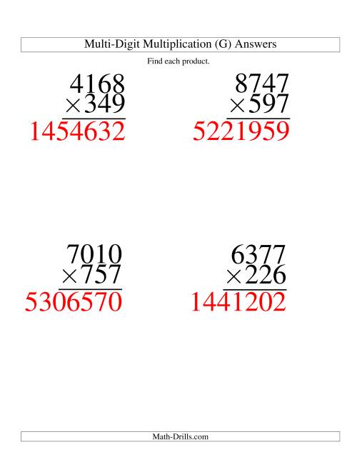 The Multiplying Four-Digit by Three-Digit -- 4 per page (G) Math Worksheet Page 2