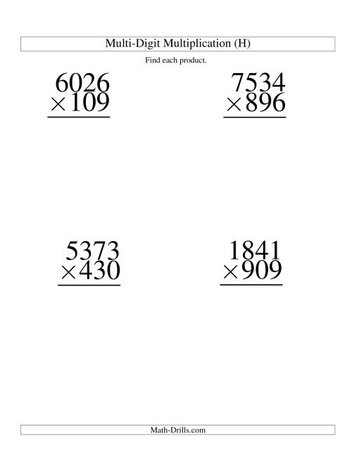 The Multiplying Four-Digit by Three-Digit -- 4 per page (H) Math Worksheet