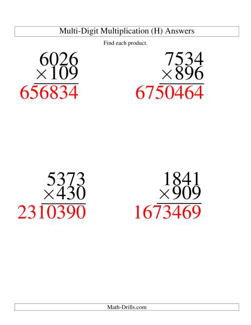 The Multiplying Four-Digit by Three-Digit -- 4 per page (H) Math Worksheet Page 2