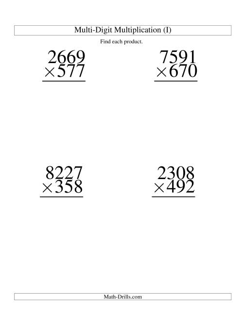 The Multiplying Four-Digit by Three-Digit -- 4 per page (I) Math Worksheet