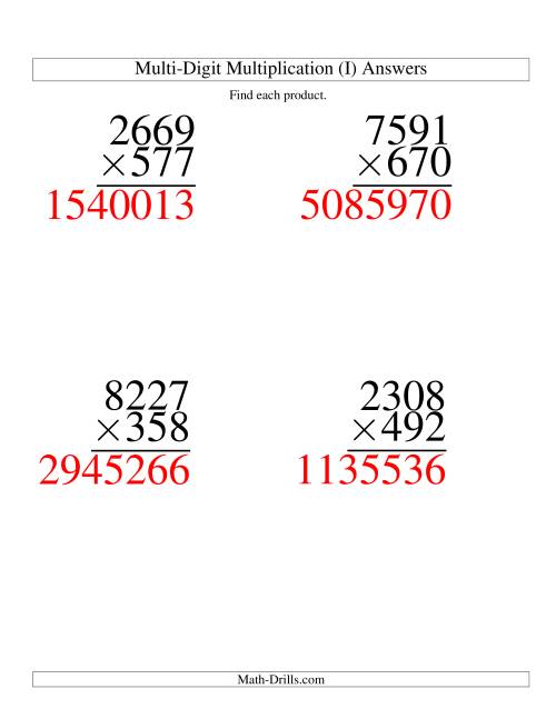 The Multiplying Four-Digit by Three-Digit -- 4 per page (I) Math Worksheet Page 2