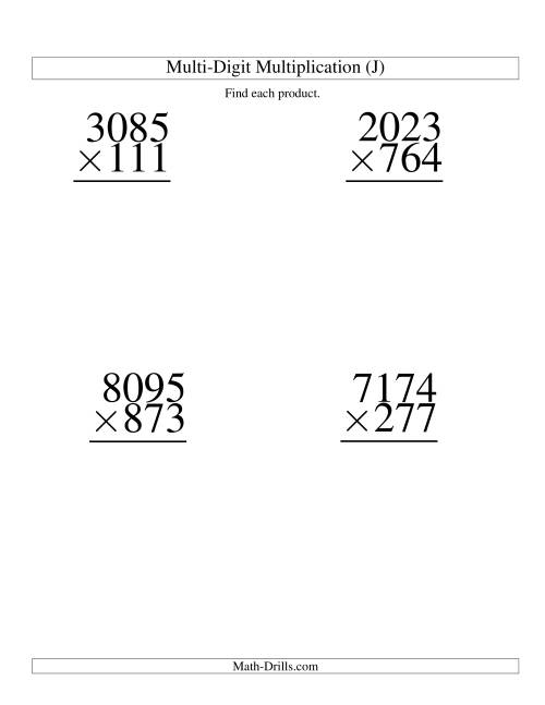The Multiplying Four-Digit by Three-Digit -- 4 per page (J) Math Worksheet