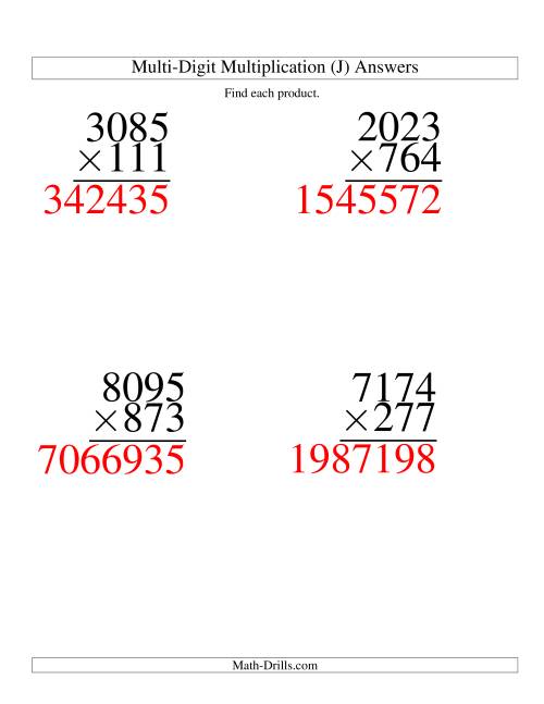 The Multiplying Four-Digit by Three-Digit -- 4 per page (J) Math Worksheet Page 2