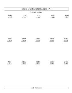 Multiplying Four-Digit by Three-Digit -- 15 per page