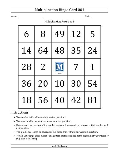 The Multiplication Bingo Cards for Facts 1 to 9 (Cards 001 to 010) (A) Math Worksheet
