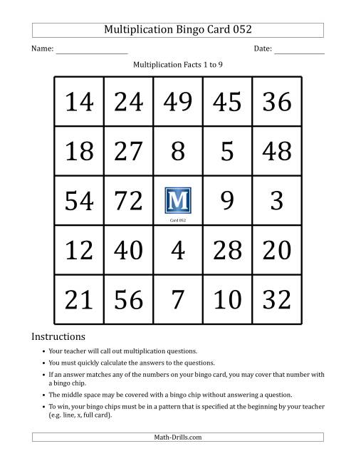 Multiplication Bingo Cards for Facts 1 to 9 (Cards 051 to 060) (F)