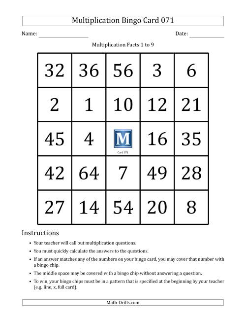The Multiplication Bingo Cards for Facts 1 to 9 (Cards 071 to 080) (H) Math Worksheet