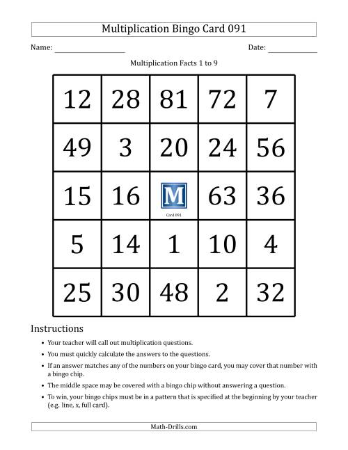 The Multiplication Bingo Cards for Facts 1 to 9 (Cards 091 to 100) (J) Math Worksheet