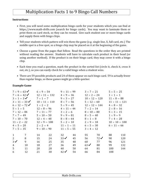 The Multiplication Bingo Facts 1 to 9 Teacher Call Cards (Games 1 to 10) (A) Math Worksheet