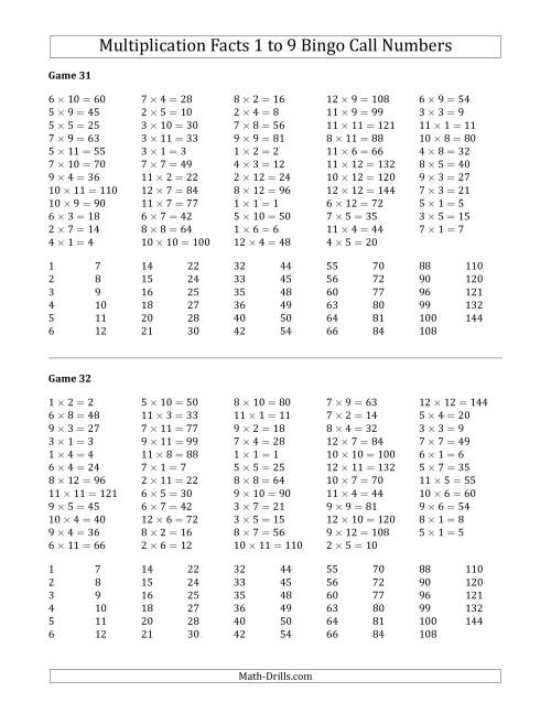 The Multiplication Bingo Facts 1 to 9 Teacher Call Cards (Games 31 to 40) (D) Math Worksheet Page 2