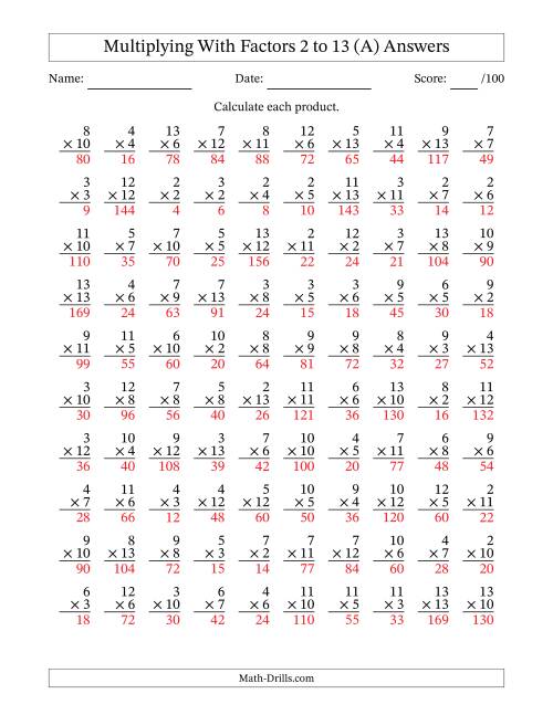 The Multiplication With Factors 2 to 13 (100 Questions) (A) Math Worksheet Page 2