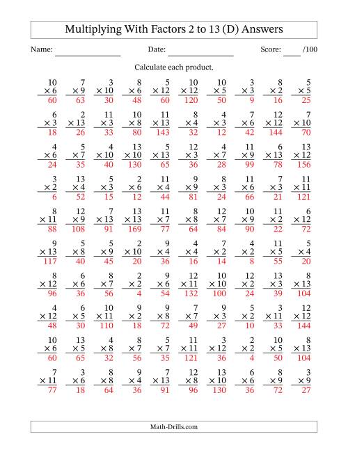 The Multiplication With Factors 2 to 13 (100 Questions) (D) Math Worksheet Page 2