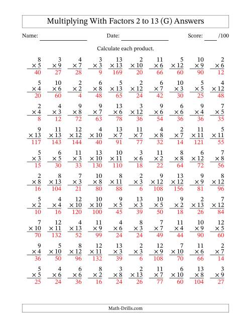 The Multiplication With Factors 2 to 13 (100 Questions) (G) Math Worksheet Page 2
