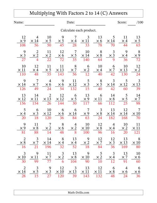 The Multiplication With Factors 2 to 14 (100 Questions) (C) Math Worksheet Page 2