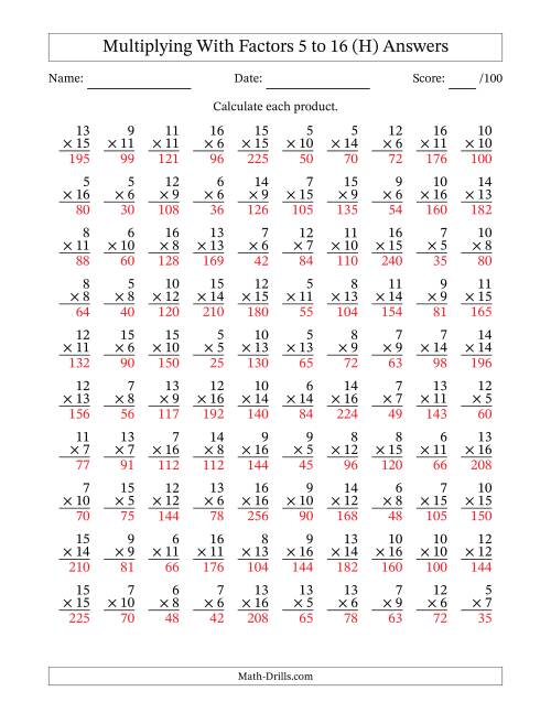 The Multiplication With Factors 5 to 16 (100 Questions) (H) Math Worksheet Page 2