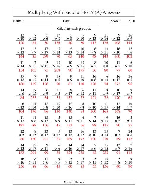 The Multiplication With Factors 5 to 17 (100 Questions) (A) Math Worksheet Page 2