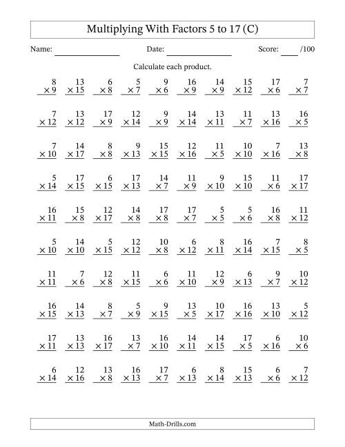 The Multiplication With Factors 5 to 17 (100 Questions) (C) Math Worksheet