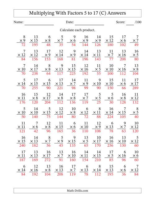 The Multiplication With Factors 5 to 17 (100 Questions) (C) Math Worksheet Page 2
