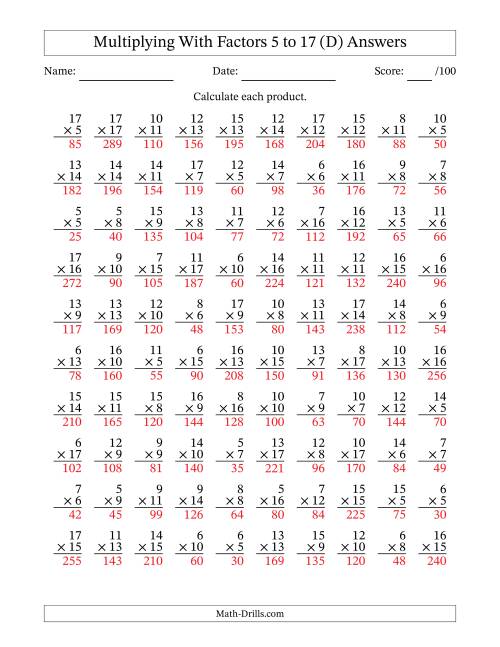 The Multiplication With Factors 5 to 17 (100 Questions) (D) Math Worksheet Page 2