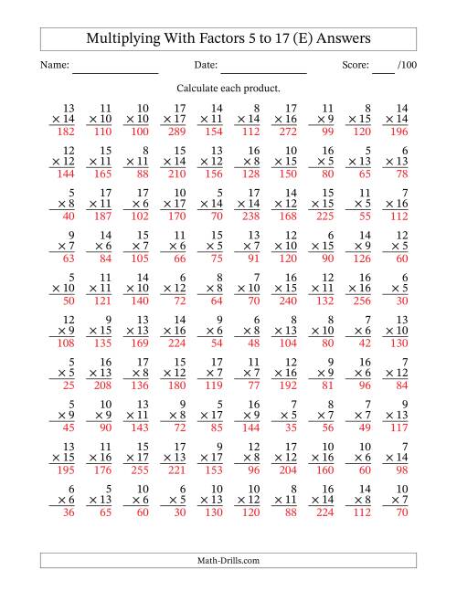 The Multiplication With Factors 5 to 17 (100 Questions) (E) Math Worksheet Page 2