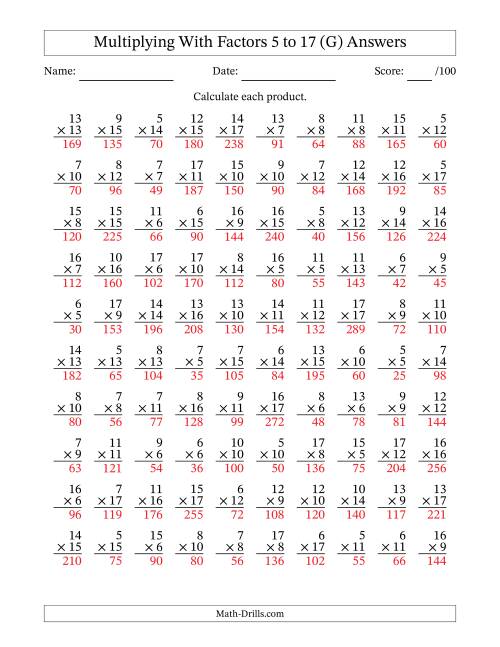 The Multiplication With Factors 5 to 17 (100 Questions) (G) Math Worksheet Page 2