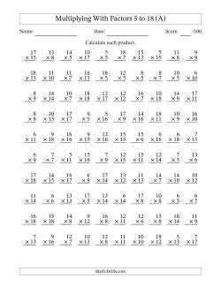 Multiplication With Factors 5 to 18 (100 Questions)