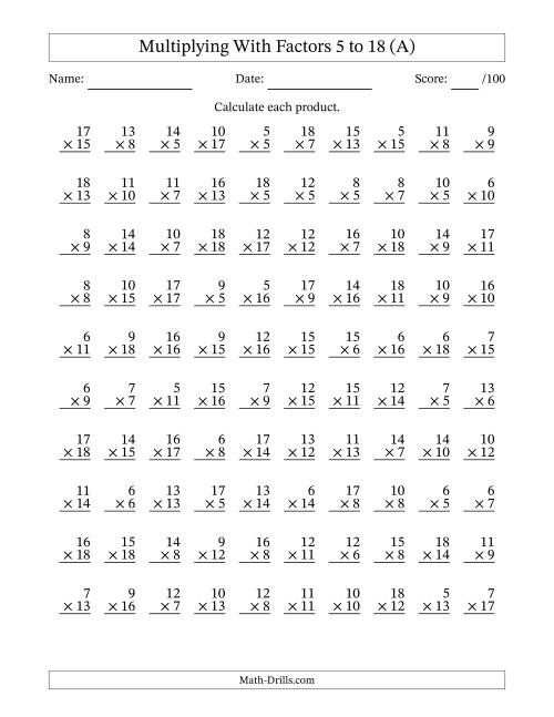 The Multiplication With Factors 5 to 18 (100 Questions) (A) Math Worksheet