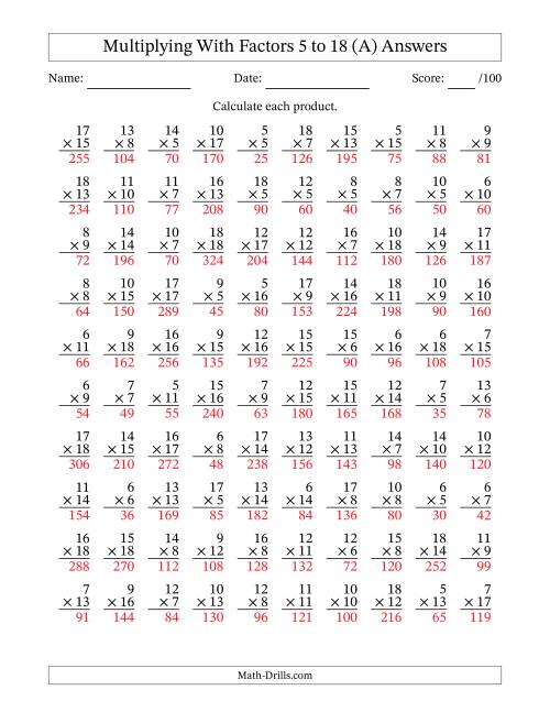 The Multiplication With Factors 5 to 18 (100 Questions) (A) Math Worksheet Page 2