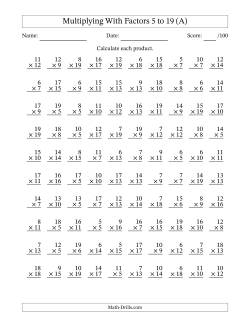 Multiplication With Factors 5 to 19 (100 Questions)