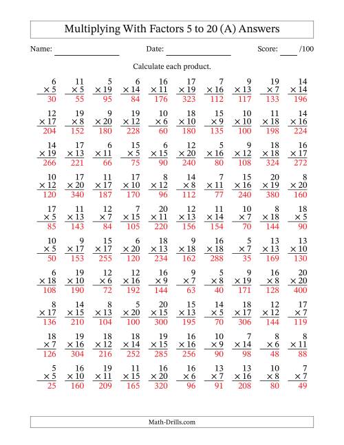The Multiplication With Factors 5 to 20 (100 Questions) (A) Math Worksheet Page 2