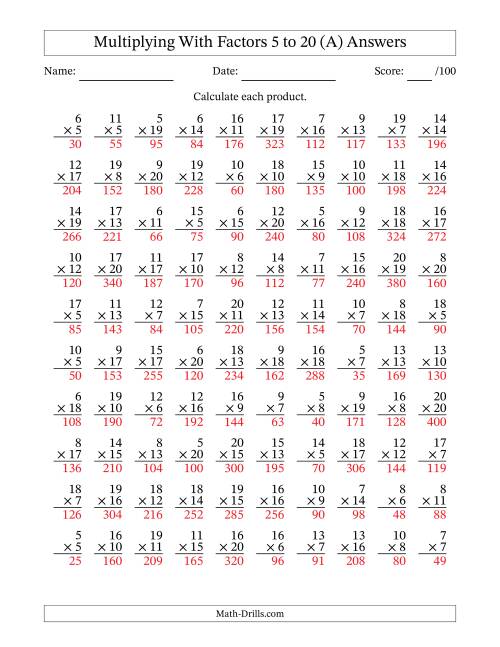 Multiplying with Factors 5 to 20 (A)