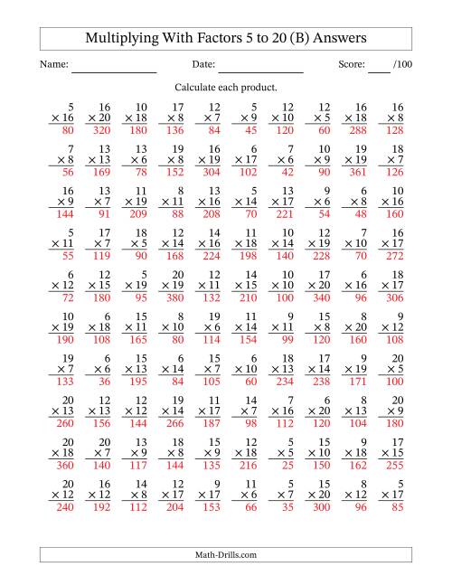 The Multiplication With Factors 5 to 20 (100 Questions) (B) Math Worksheet Page 2