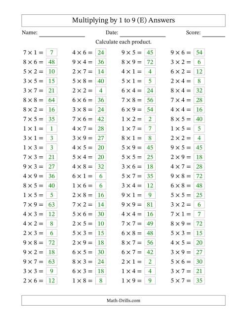 100 horizontal questions multiplication facts to 81 e