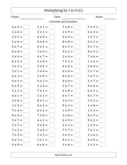 100 Horizontal Questions -- Multiplication Facts to 81 (G)