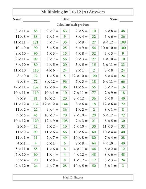 100 horizontal questions multiplication facts to 144 a