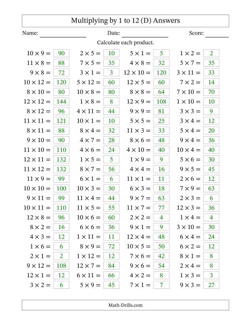 100 Horizontal Questions -- Multiplication Facts To 144 (d)