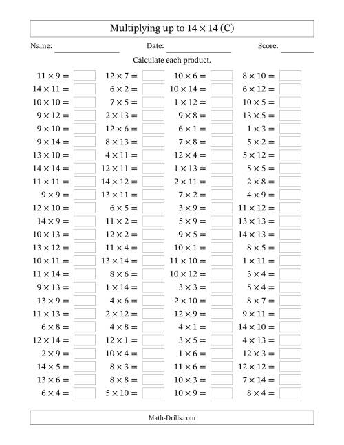 The Horizontally Arranged Multiplying up to 14 × 14 (100 Questions) (C) Math Worksheet