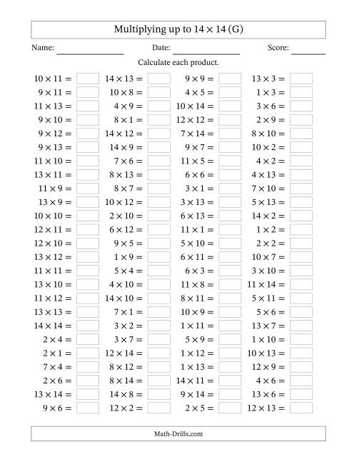 The Horizontally Arranged Multiplying up to 14 × 14 (100 Questions) (G) Math Worksheet