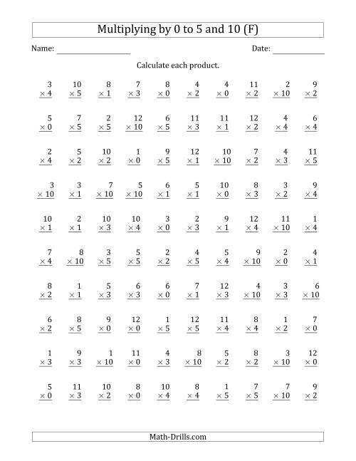 The Multiplying by Anchor Facts 0, 1, 2, 3, 4, 5 and 10 (Other Factor 1 to 12) (F) Math Worksheet