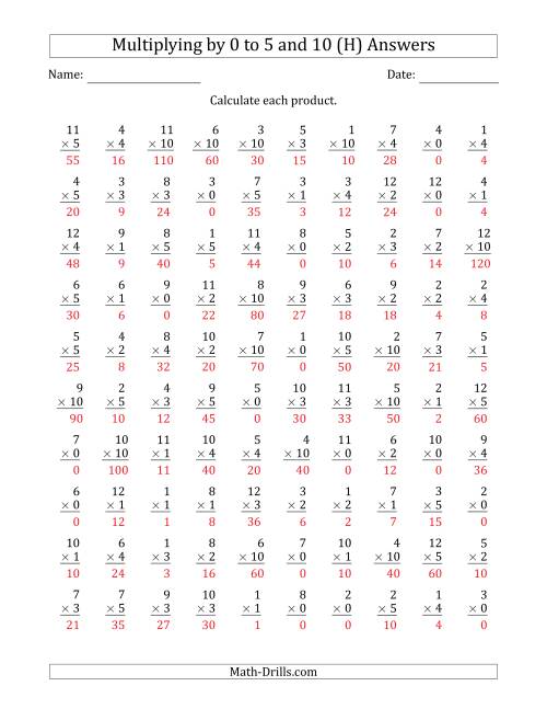The Multiplying by Anchor Facts 0, 1, 2, 3, 4, 5 and 10 (Other Factor 1 to 12) (H) Math Worksheet Page 2