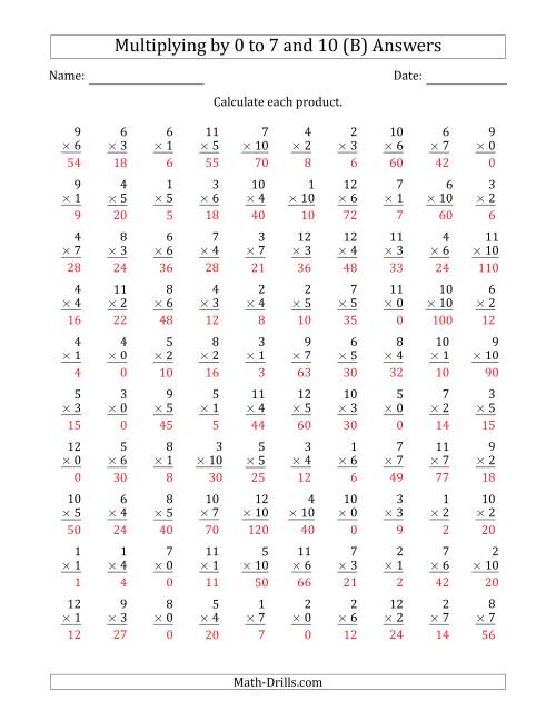 The Multiplying by Anchor Facts 0, 1, 2, 3, 4, 5, 6, 7 and 10 (Other Factor 1 to 12) (B) Math Worksheet Page 2