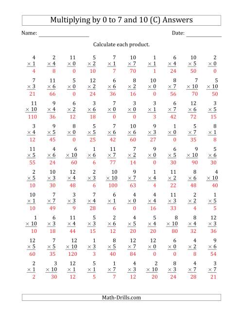 The Multiplying by Anchor Facts 0, 1, 2, 3, 4, 5, 6, 7 and 10 (Other Factor 1 to 12) (C) Math Worksheet Page 2