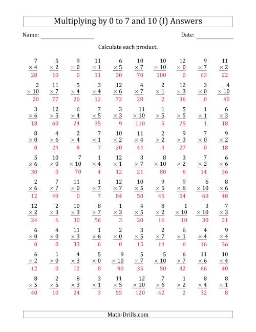 The Multiplying by Anchor Facts 0, 1, 2, 3, 4, 5, 6, 7 and 10 (Other Factor 1 to 12) (I) Math Worksheet Page 2