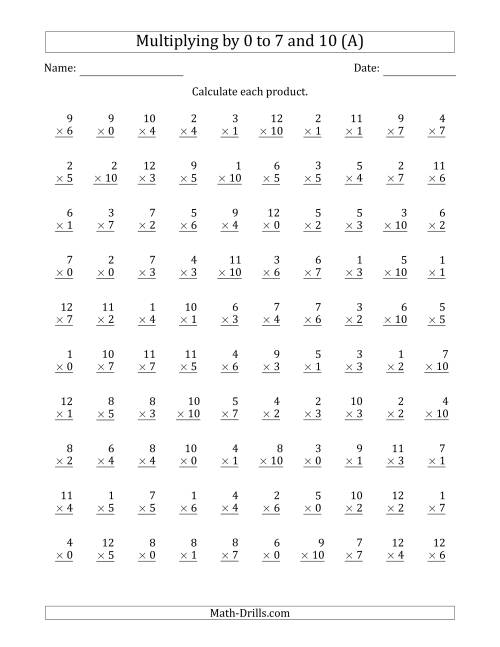 The Multiplying by Anchor Facts 0, 1, 2, 3, 4, 5, 6, 7 and 10 (Other Factor 1 to 12) (All) Math Worksheet
