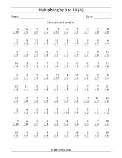 Multiplying by Anchor Facts 0, 1, 2, 3, 4, 5, 6, 7, 8, 9 and 10 (Other Factor 1 to 12)