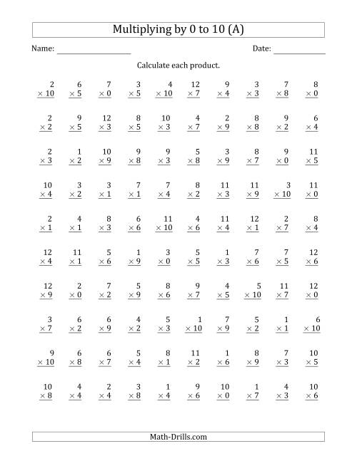 The Multiplying by Anchor Facts 0, 1, 2, 3, 4, 5, 6, 7, 8, 9 and 10 (Other Factor 1 to 12) (A) Math Worksheet