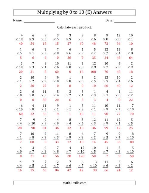 The Multiplying by Anchor Facts 0, 1, 2, 3, 4, 5, 6, 7, 8, 9 and 10 (Other Factor 1 to 12) (E) Math Worksheet Page 2