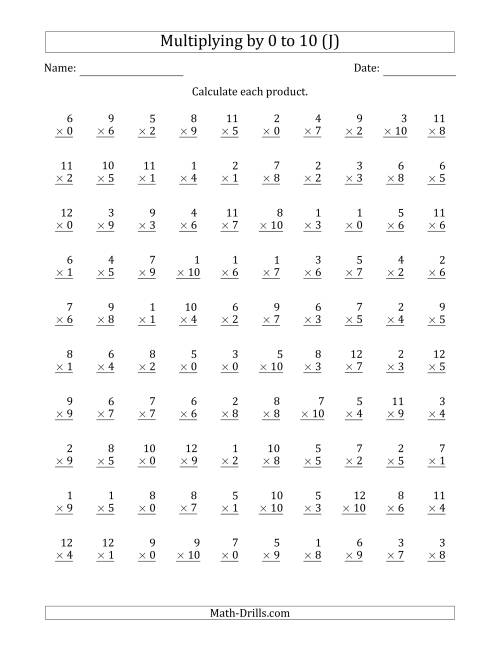 The Multiplying by Anchor Facts 0, 1, 2, 3, 4, 5, 6, 7, 8, 9 and 10 (Other Factor 1 to 12) (J) Math Worksheet