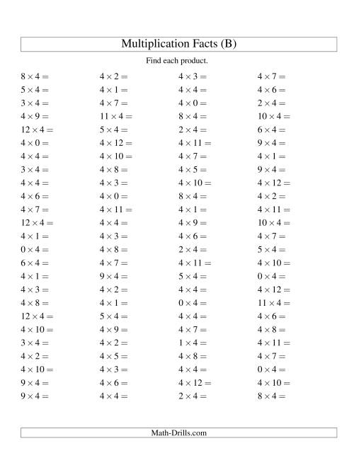 The 100 Horizontal Questions -- 4 by 0-12 (B) Math Worksheet