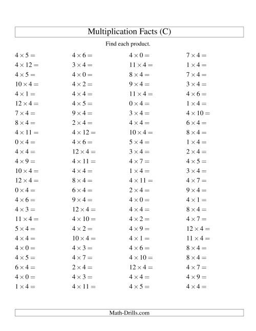The 100 Horizontal Questions -- 4 by 0-12 (C) Math Worksheet